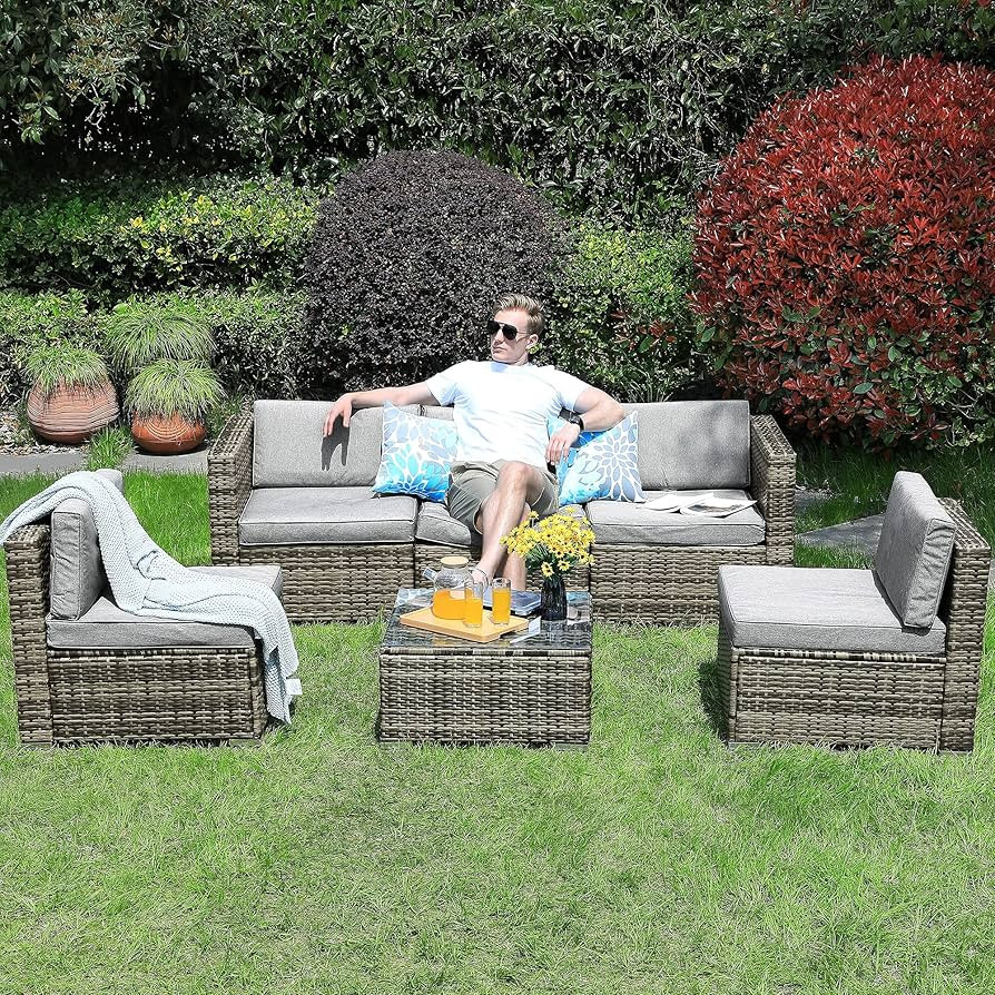 YITAHOME 6 Piece Outdoor Patio Furniture Sets, Garden Conversation Wicker Sofa Set, and Patio Sec... | Amazon (US)