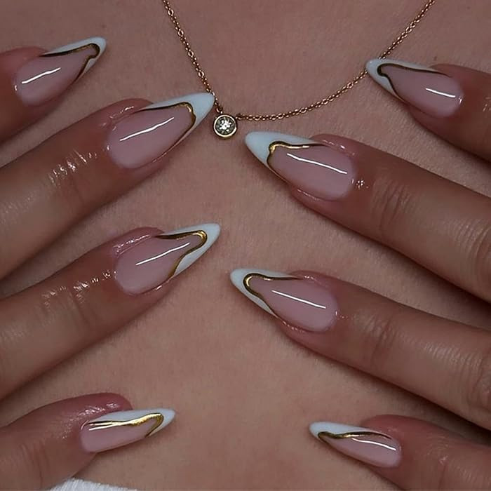 White French Tip Press on Nails Gold Line Fake Nails Medium Almond False Nail with Design Nude Gl... | Amazon (US)