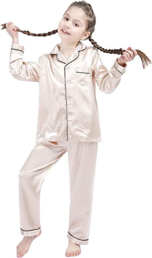 DF-deals Girls Boys Kids Silk Satin Pajamas Set Button-Down Clothes Long Sleeve Loungewear Sleepw... | Amazon (US)