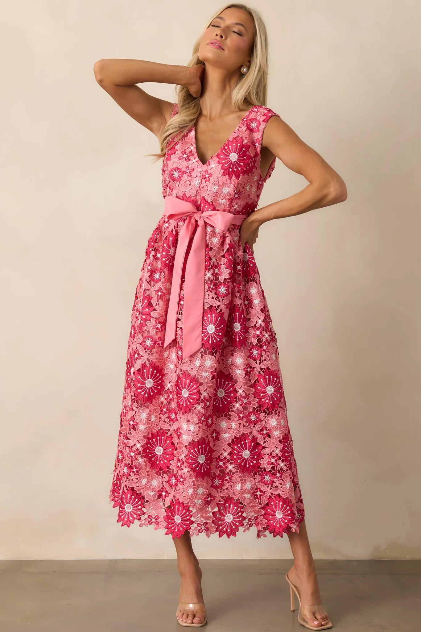 First Dance Pink Floral Embroidered Midi Dress | Red Dress