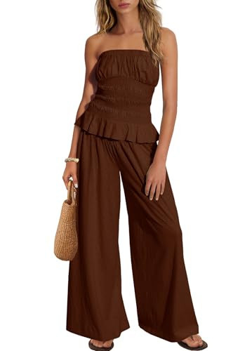SENSERISE Pants Sets Women 2 Piece Outfits Strapless Smocked Top Wide Leg Pants Summer Vacation Outfits(Coffee Brown,M) | Amazon (US)