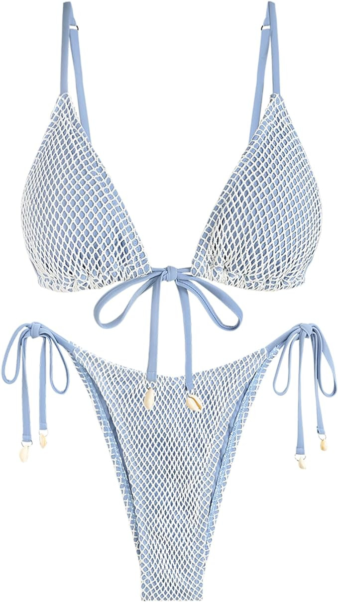 ZAFUL Women Triangle String Two Piece Bikini Fishnet Mesh Tie Shell Decor Tanga 2 Piece Swimsuit | Amazon (US)