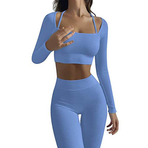 ABOCIW Women's 2 Piece Workout Sets Ribbed Strap Detail Long Sleeve Crop Top Seamless High Wasit Leggings Gym Yoga Outfits Activewear #3 Blue Medium | Amazon (US)