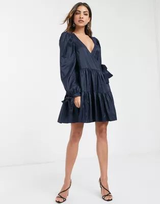 ASOS DESIGN wrap front smock mini dress in taffeta | ASOS (Global)