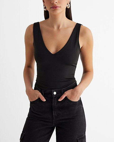 High Compression Body Contour Matte Double V-Neck Thong Bodysuit | Express