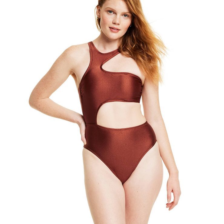 Women's Asymmetrical Metallic Cut Out High Leg Cheeky One Piece Swimsuit- Fe Noel x Target Bronze | Target