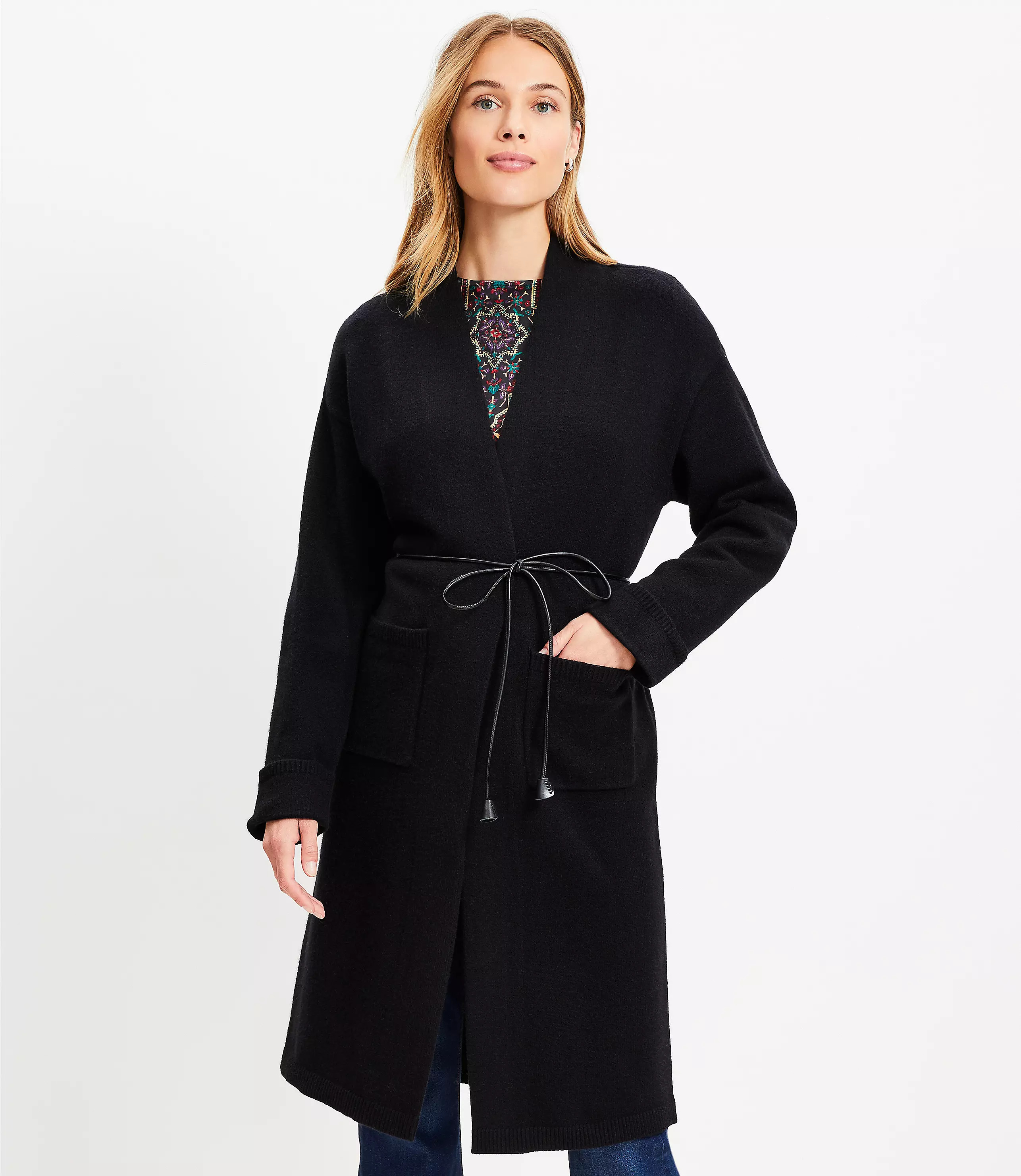 Faux Leather Belted Pocket Coatigan | LOFT