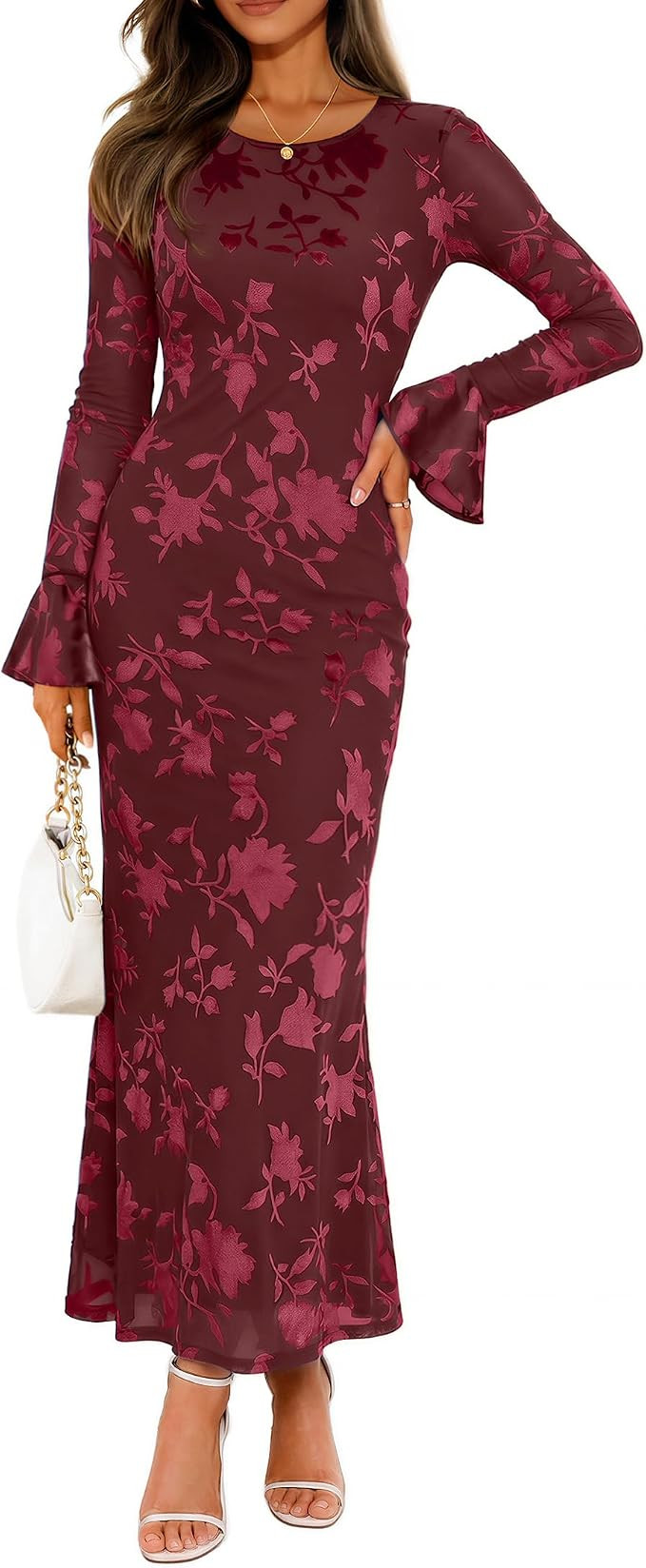 ZESICA Women's Fall Bell Long Sleeve Wedding Guest Dresses | 2026 Bodycon Mesh Floral, Elegant, C... | Amazon (US)