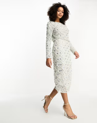 ASOS DESIGN embellished sequin and pearl midi skirt with split detail co-ord in cream | ASOS (Global)