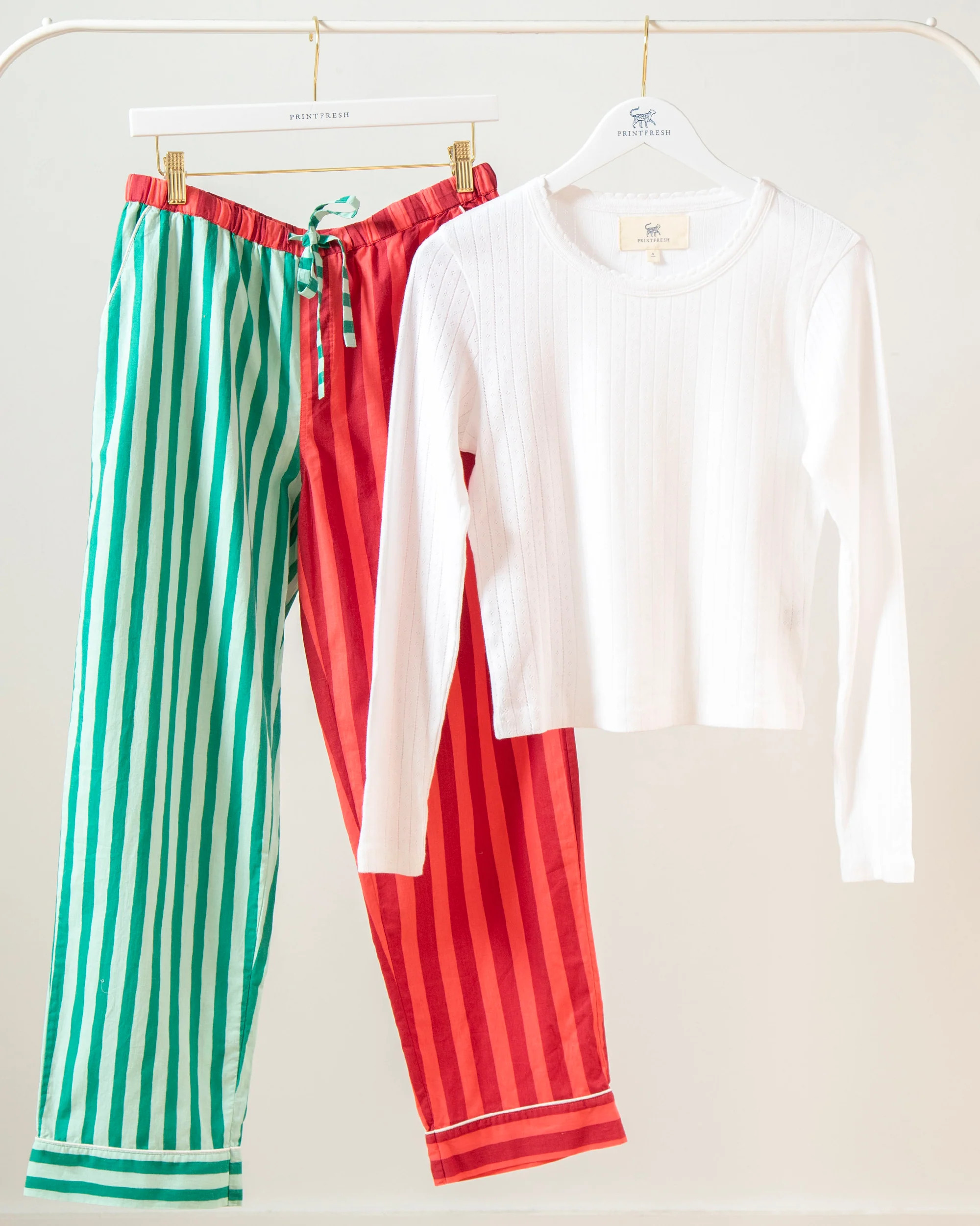 Holiday Stripes - Pointelle Long Sleeve & PJ Pants Set - Spearmint & Peppermint | Printfresh
