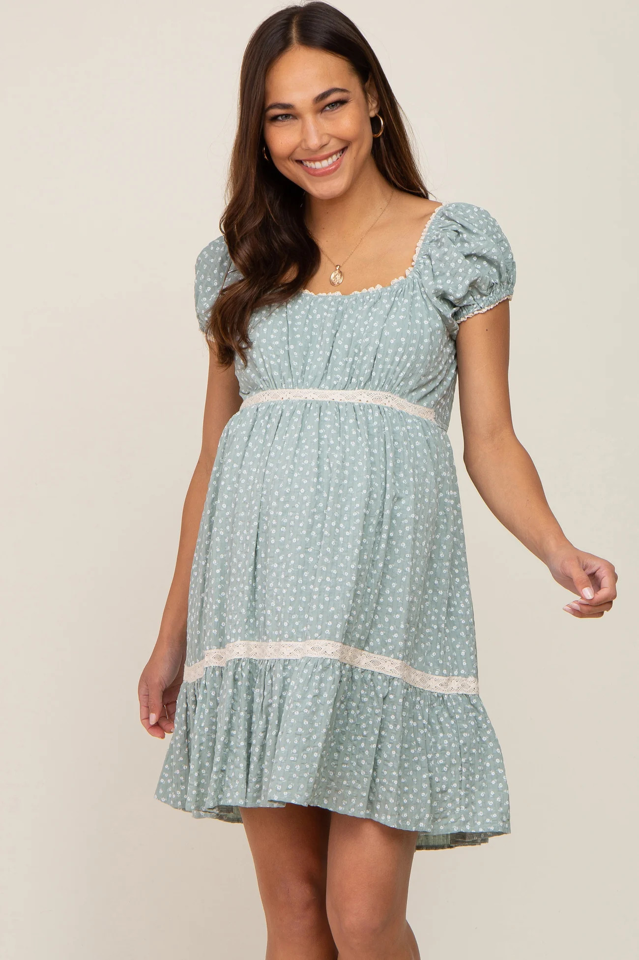 Mint Green Floral Lace Accent Maternity Dress | PinkBlush Maternity