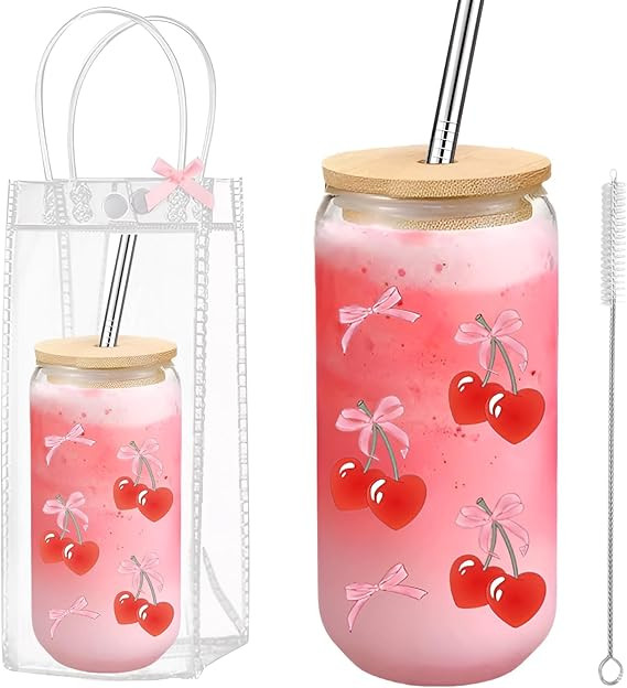 Coquette Cheeries Bows Glass Cup with Clear Gift Bag,16 oz Iced Coffee Cup with Lids and Straws, ... | Amazon (US)
