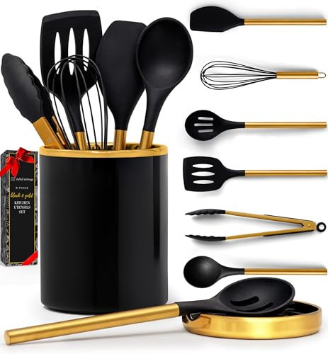 STYLED SETTINGS Black and Gold Kitchen Utensils Set – 8 Piece Silicone Cooking Utensils with Gold Handles, Black Ceramic Utensil Holder & Spoon Rest – Heat Resistant, Nonstick Safe, Sleek Storage | Amazon (US)