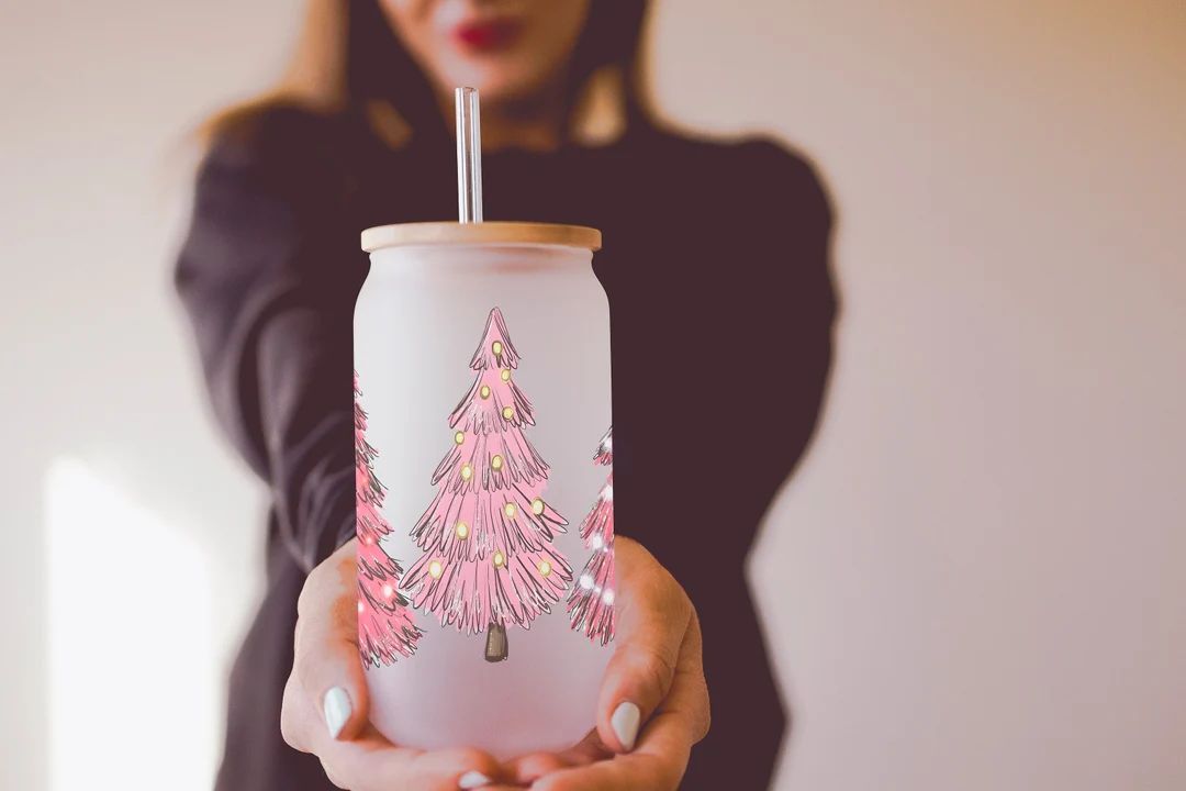 Christmas Tree Wrap Iced Coffee Tumbler Pink Christmas Coffee - Etsy | Etsy (US)