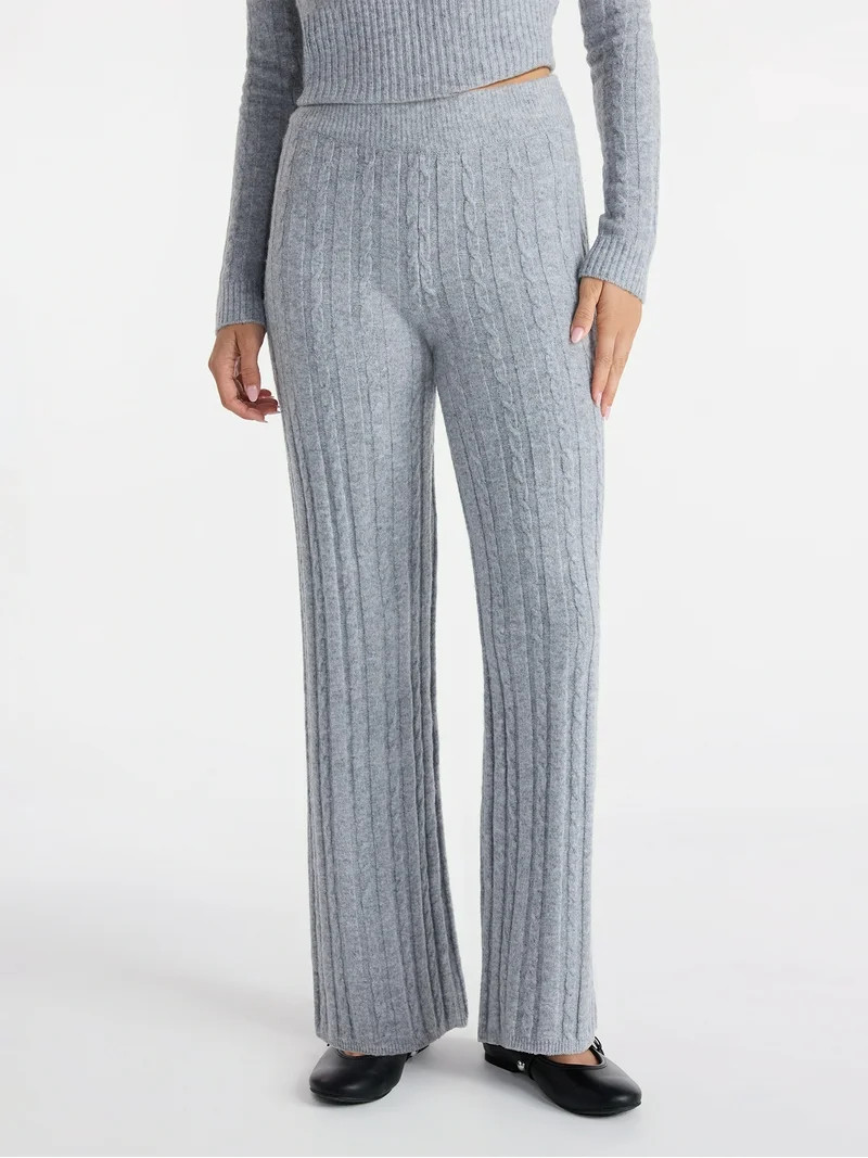 No Boundaries Cable Knit Sweater Wide Leg Pants, 30'' Inseam, Women's | Walmart (US)