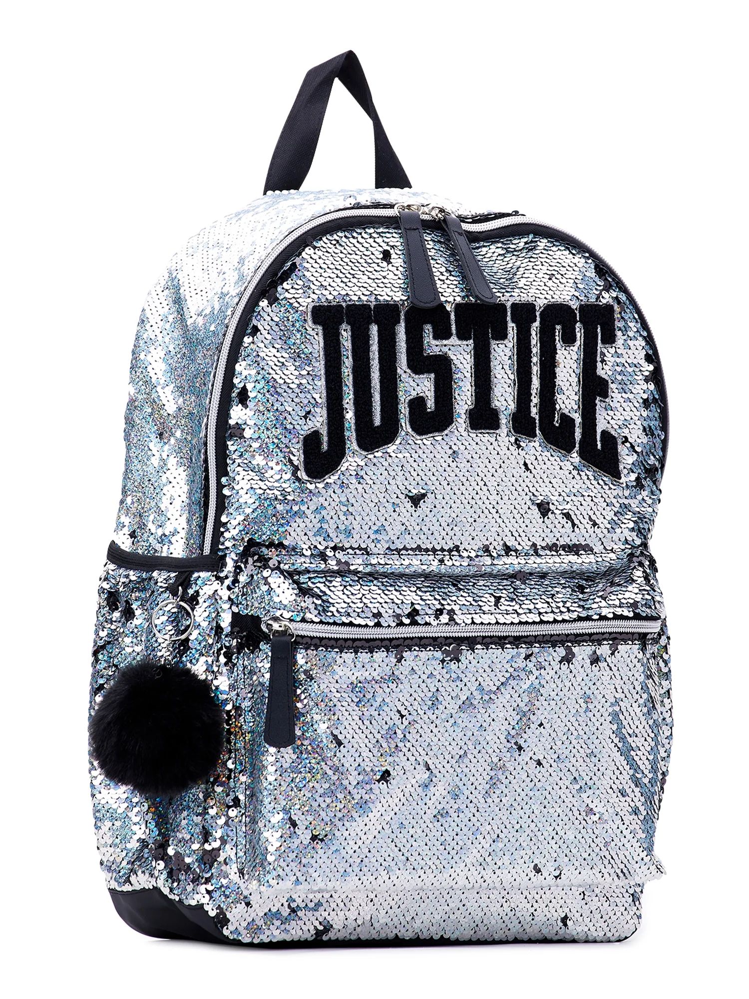 Justice Girls 17" Laptop Backpack with Pom Pom Dangle, Flip Sequin Backpack Metallic Silver | Walmart (US)