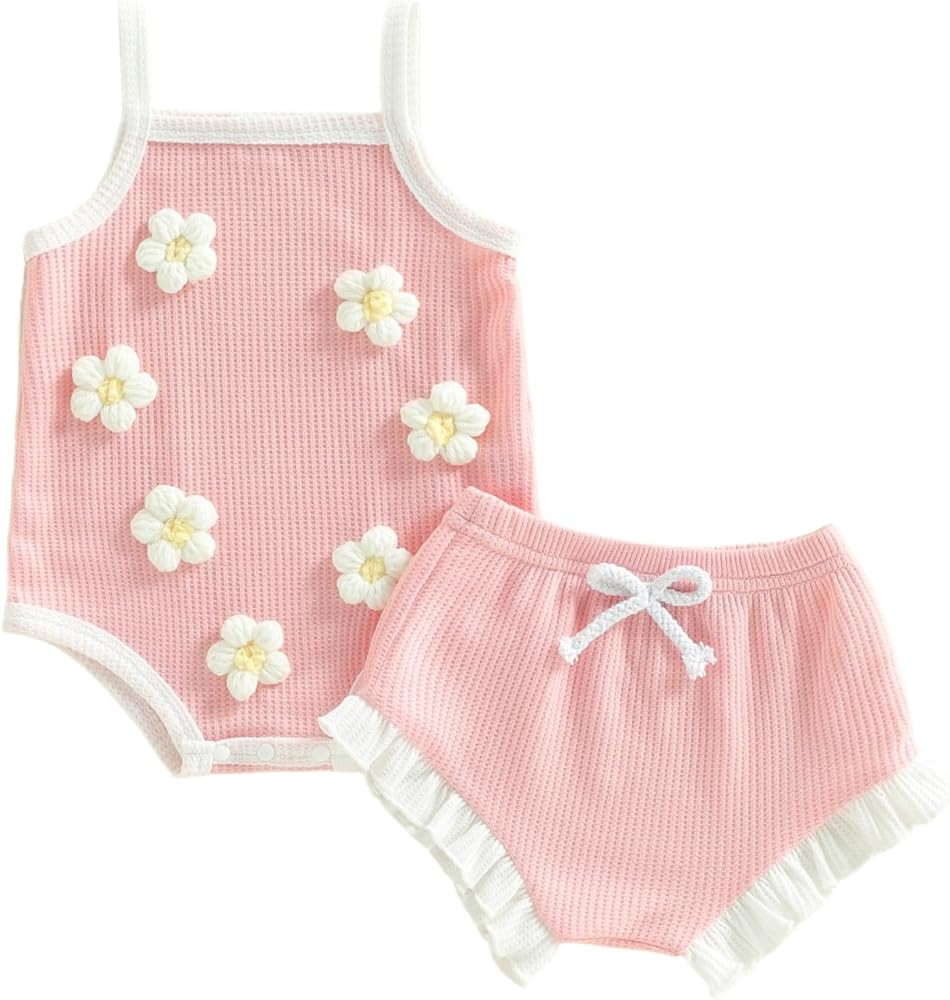 Amnnchya Newborn Baby Girl Clothes Cute Goose Outfit Infant Sleeveless Waffle Romper Tops Ruffle ... | Amazon (US)