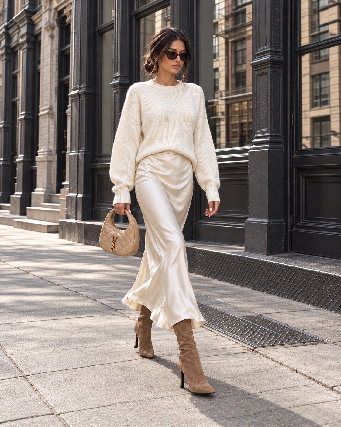 Fall chic outfit , white on white satin skirt and knit sweater outfit