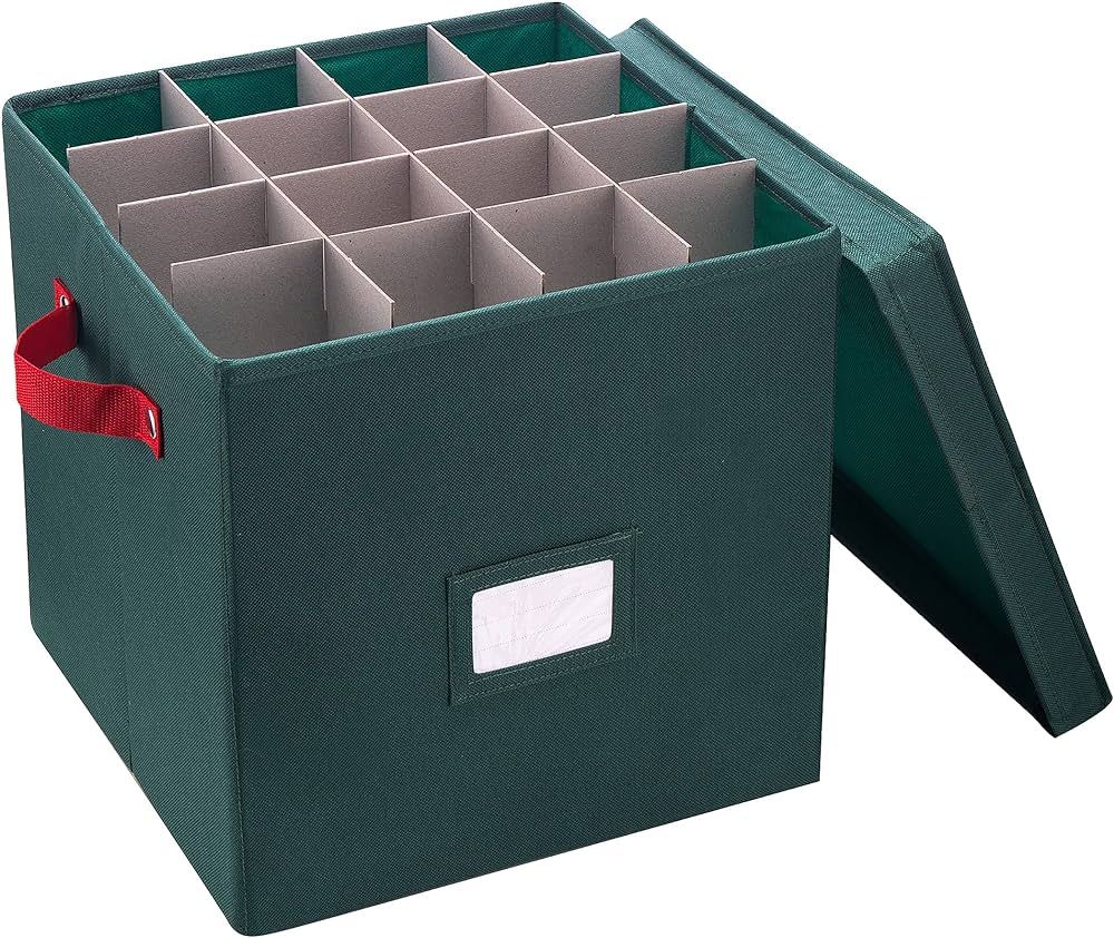 Elf Stor Christmas Ornament Storage Box with Adjustable Dividers and Lid, 64 Slots, Green | Amazon (US)