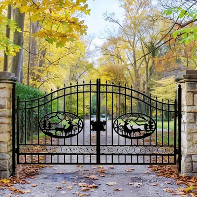 14FT Dual Swing Wrought Iron Driveway Gate - Deer Design, Include Post | Wayfair North America