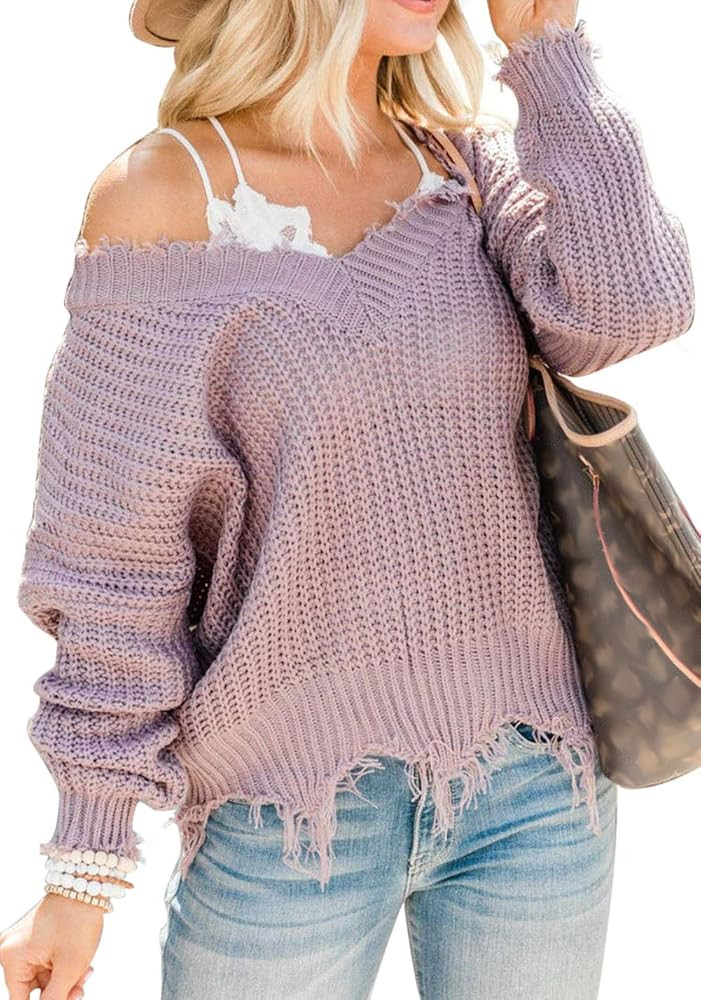 LEANI Women's Loose Knitted Sweater Long Sleeve V-Neck Ripped Pullover Sweaters Crop Top Knit Jum... | Amazon (US)
