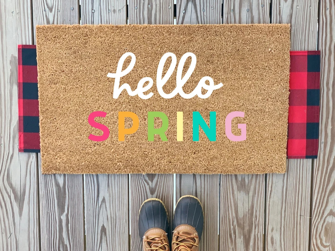 Colorful Hello Spring Doormat | Easter Doormat | Outdoor Easter and Spring Decor | Colorful Front... | Etsy (US)