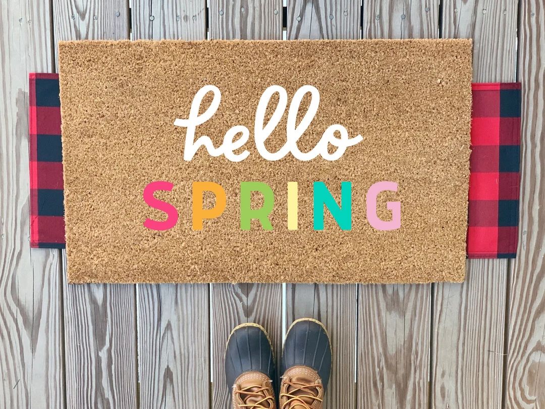 Colorful Hello Spring Doormat | Easter Doormat | Outdoor Easter and Spring Decor | Colorful Front... | Etsy (US)