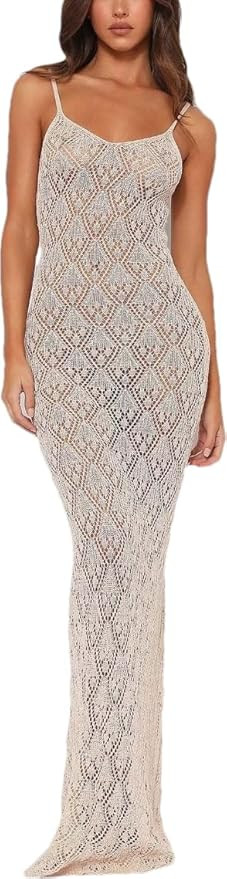 Women Crochet Cover Up Dress Sexy Bodycon Long Dress Strappy Dresses Slim Fit Hollow Out Long Kni... | Amazon (US)