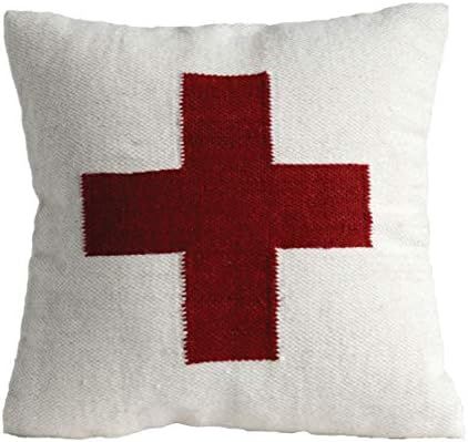 Creative Co-Op Square Wool Blend with Red Cross Pillow, 1 Count (Pack of 1), White | Amazon (US)