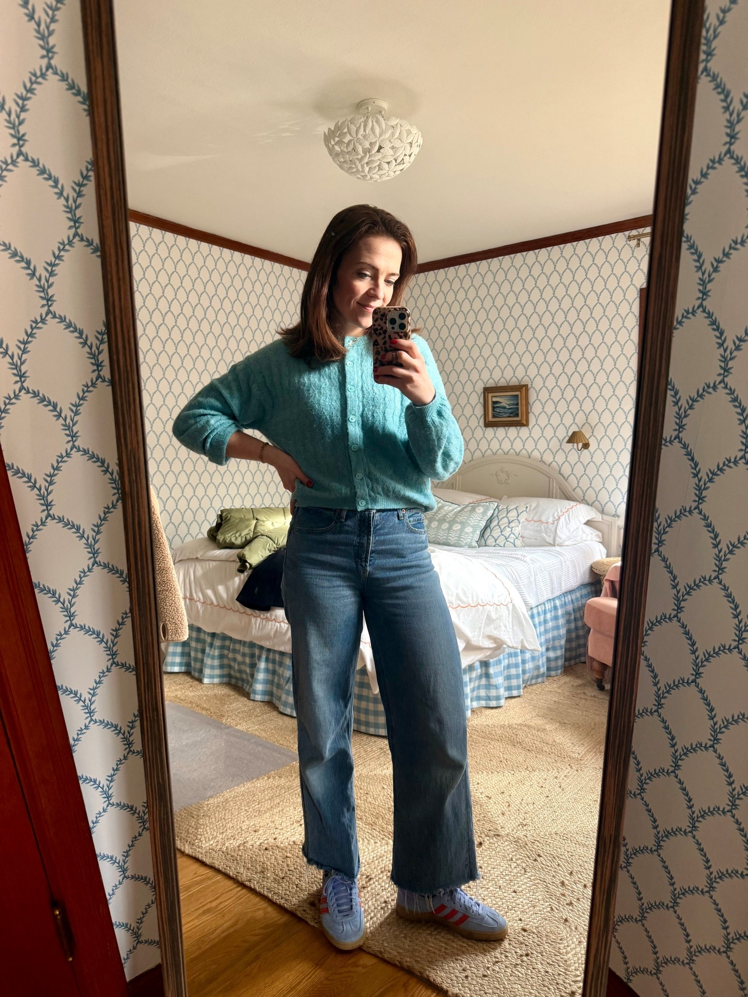 Wearing basically the exact same outfit as yesterday with a different color of the same ribbed tee underneath. Guess I know what I like.

This cozy merino wool blend sweater is lightweight but so cozy. I just ordered it in the pink (extra 60% off sale). These high waisted wide leg jeans are my absolute favorite and I own in several colors; I cut these ones off for an easier cropped length. I often get compliments IRL!

#LTKSeasonal #LTKFindsUnder50 #LTKmomlife