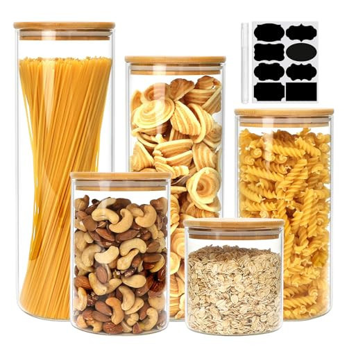 Airtight Glass Jars with Bamboo Lids, Glass Food Storage Containers Set - Set of 5 Kitchen Canisters for Sugar, Candy, Cookie, Rice and Spice Jars | Amazon (US)