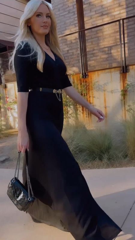 Black maxi dress 
Niki Saint Laurent purse 
Suede black knee high boots

#LTKSeasonal #LTKstyletip #LTKshoecrush