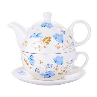 Porcelain 1-Piece Blue Orchid Floral Tea Set for One Elegant Teapot and Cup Set Dishwasher Safe Home Decor | The Home Depot