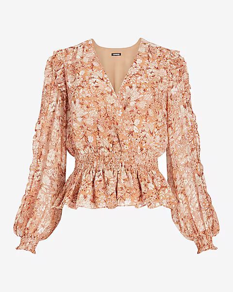 Floral Ruffle Wrap Front Peplum Top | Express