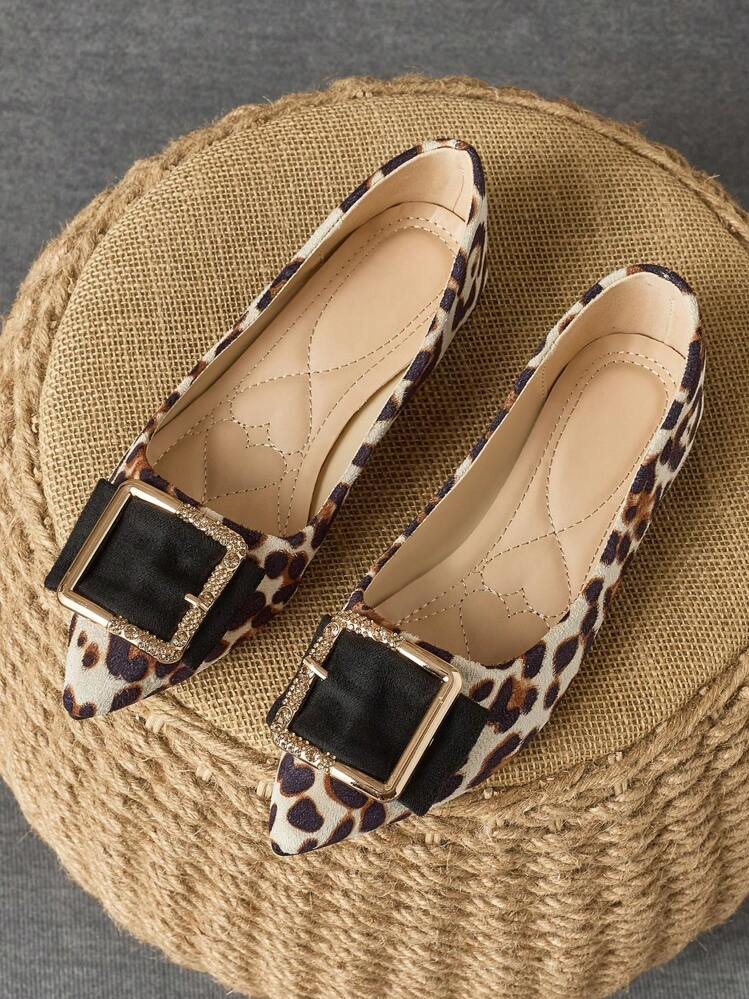 1 Pair Women's Stylish Leopard Print Flats, Pointed Toe, Rhinestone Embellishment, Comfortable Soft Sole Elegant Casual Shoes, Versatile For Skinny Jeans | SHEIN