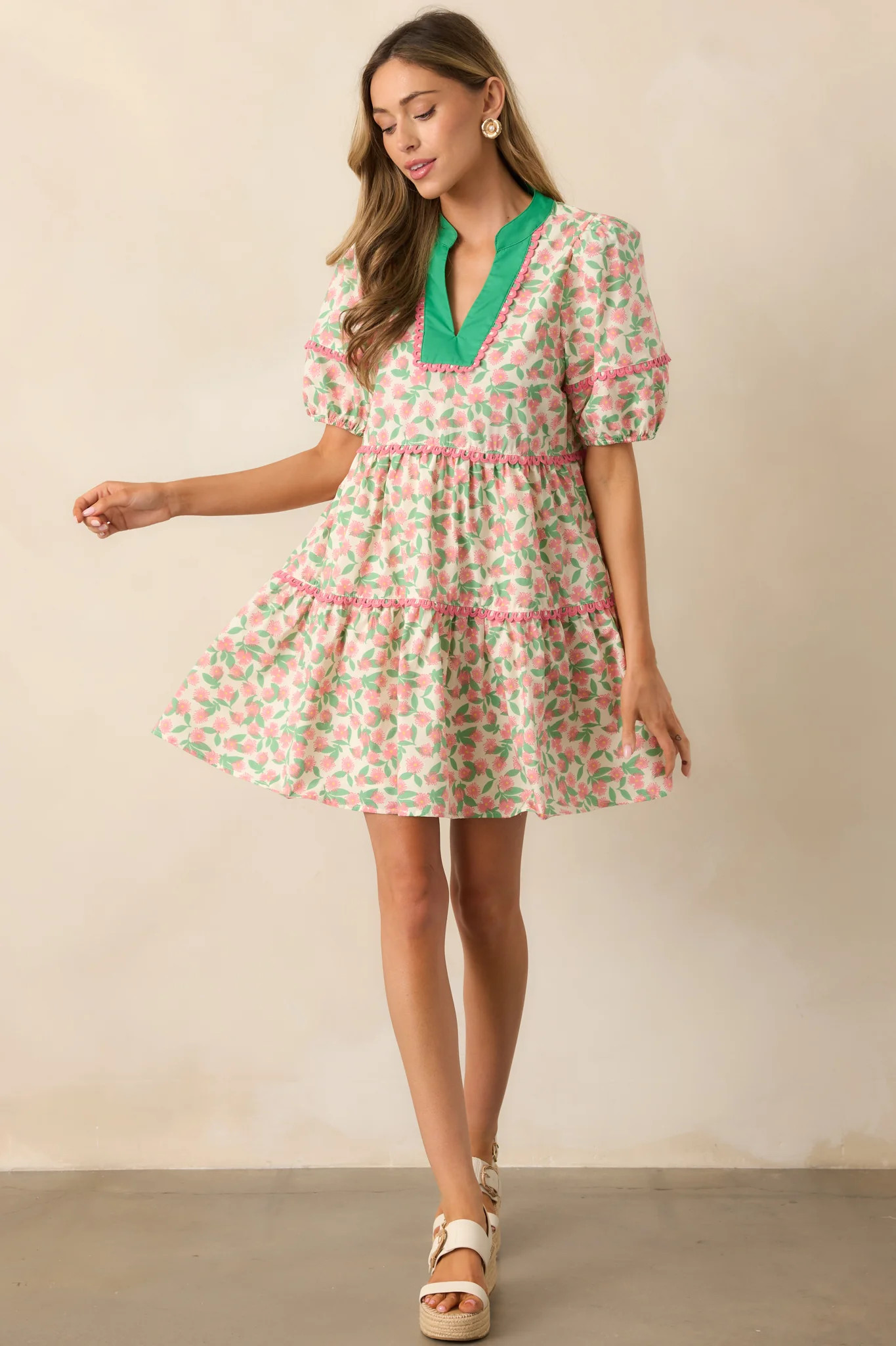 Full Bloom Beige Floral Cotton Puff Sleeve Mini Dress | Red Dress