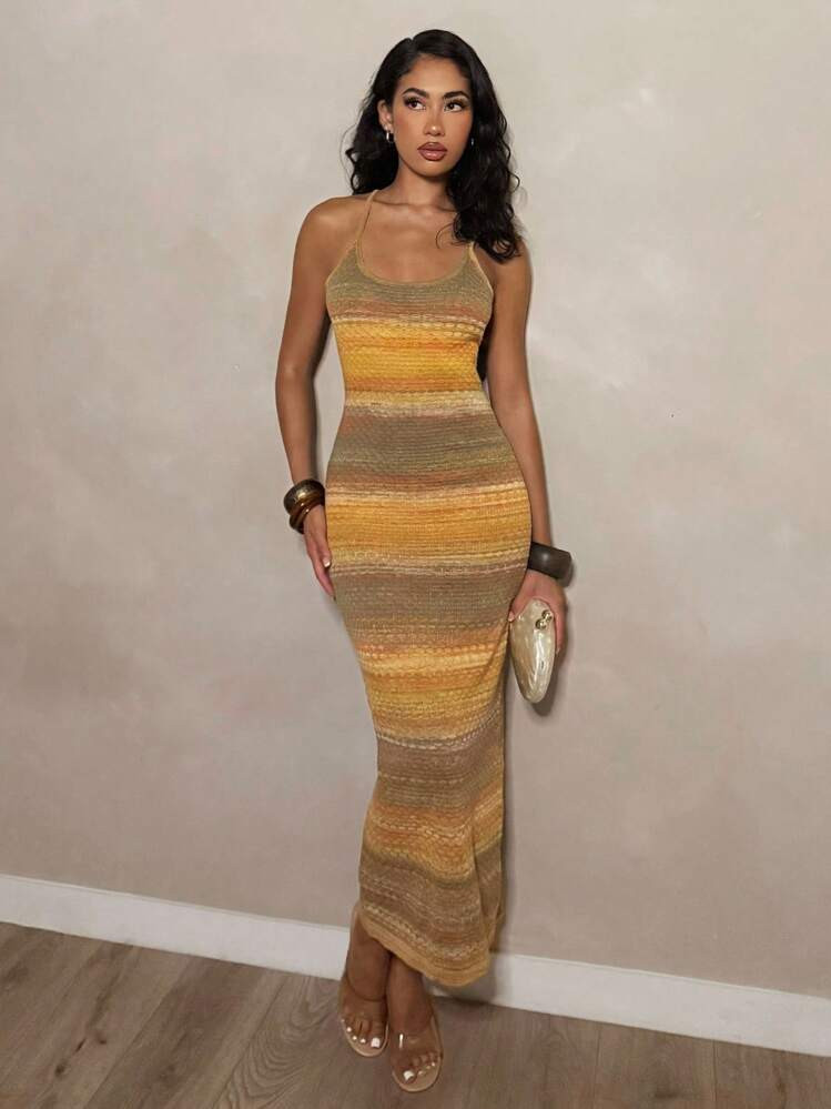 Glamine Elegant Women's Long Fitted Knit Dress, Sleeveless Autumn/Winter Earth Tone, Bodycon Summer Dress, Sunset Dress, Halloween, Women Dresses, Festival Outfits, Back To School, Halloween Clothes, Yellow Summer, Women At Work, Pale Yellow, Maillard Style, Chic Autumn, Best Seller Earth Tone Dress, Christmas | SHEIN