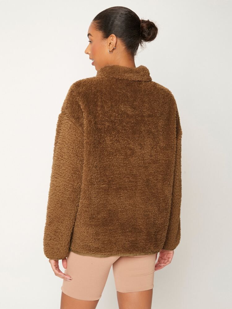 SHEIN BASICS Zip Up Drop Shoulder Flannel Coat | SHEIN
