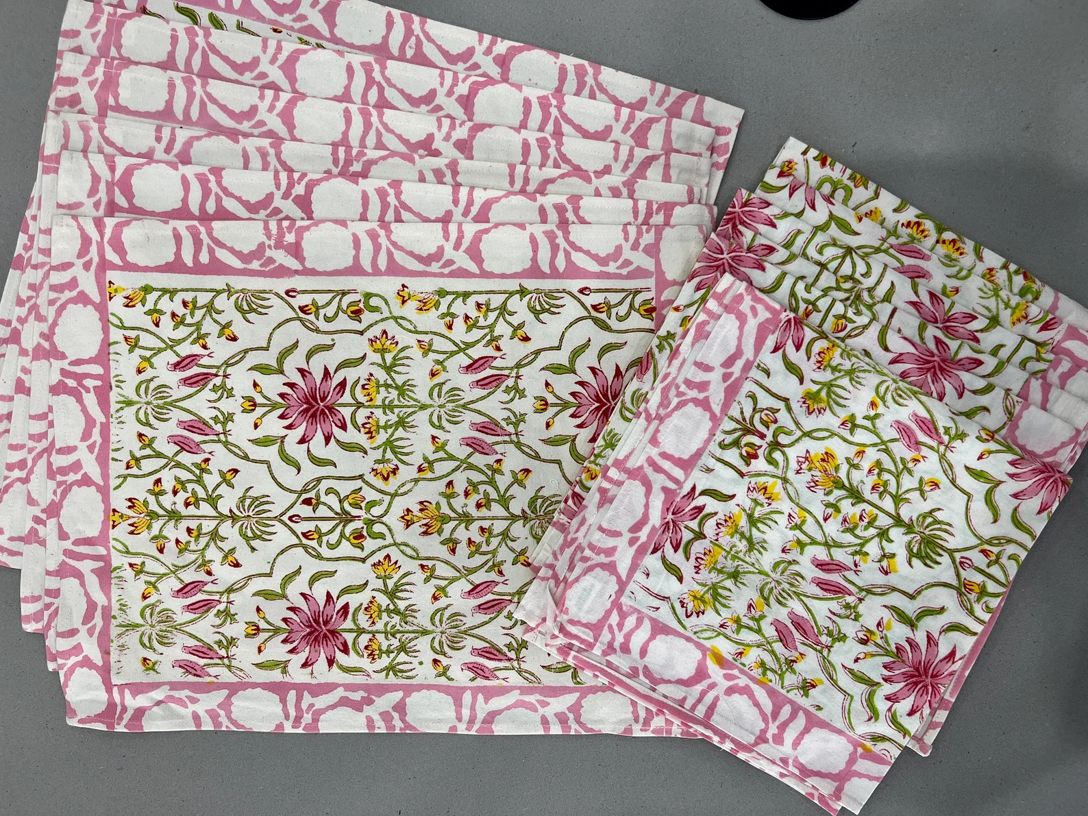 Set of 6 Placemats and Napkins, Cotton, Block Print, Pink and Green Floral - Etsy | Etsy (US)