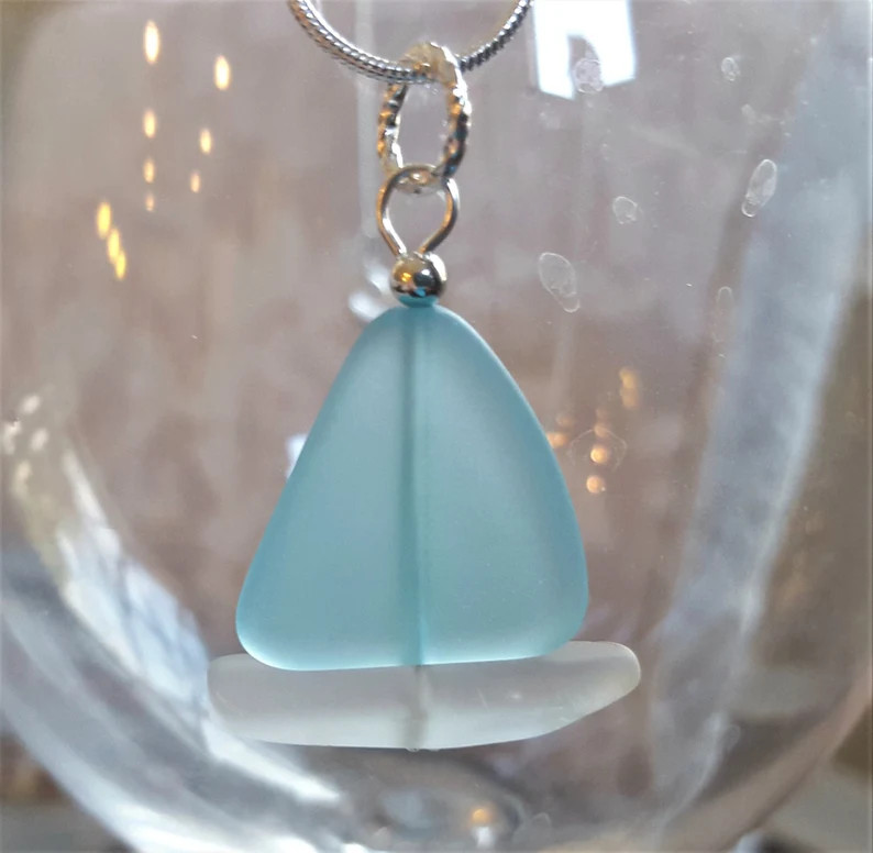 Sailboat Necklace Sea glass jewelry, TURQUOISE Blue, Frosted  beach glass pendant necklace , Naut... | Etsy (US)