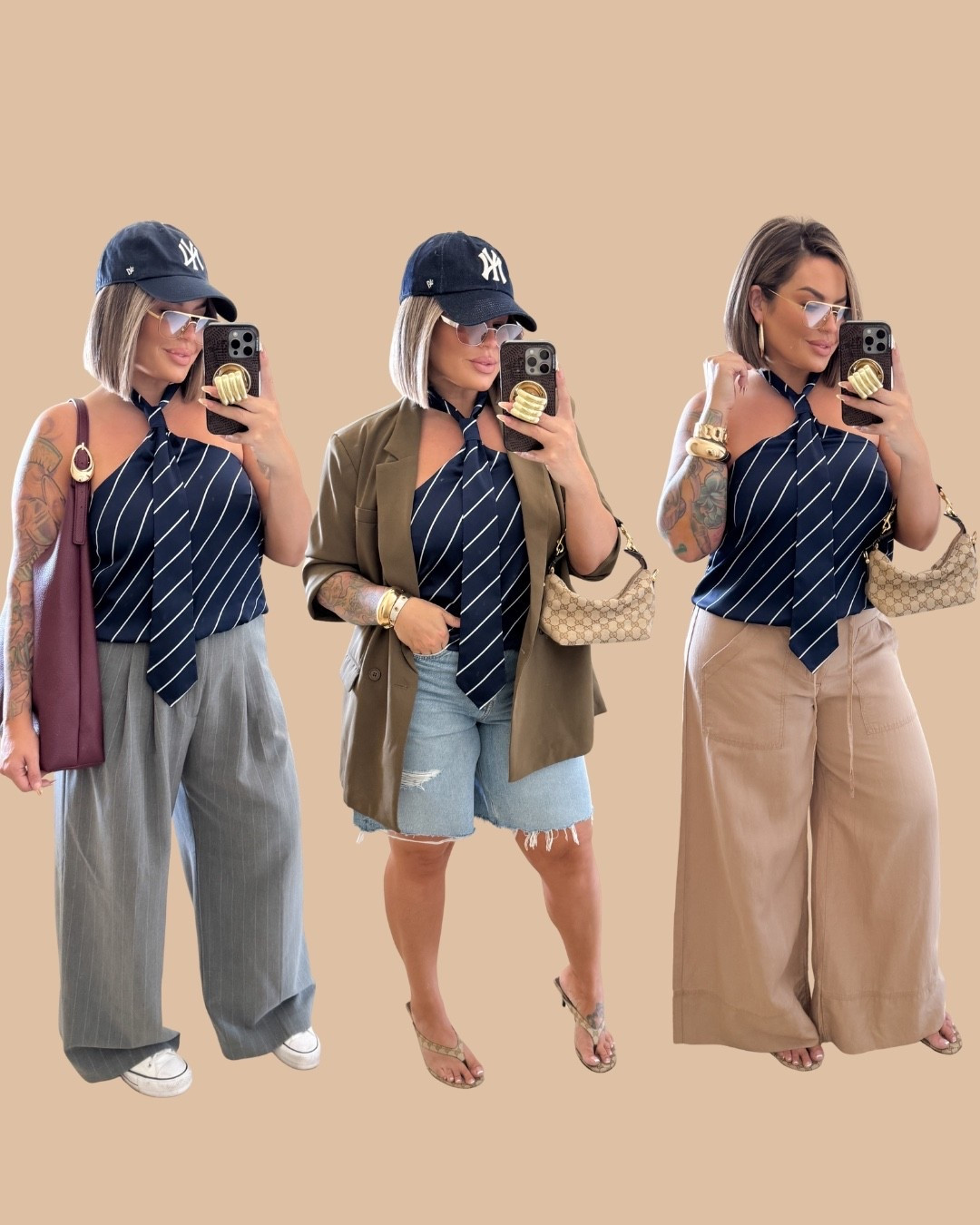 LOVE this top !! It was such a fun unique find. I wanted to style it a few ways for you to give you some ideas on how to wear it. 

Top L 
Grey pants linked exact style but the pin stripe is sold out they only have regular grey. Size L reg length they run long.
Jorts sized up to 32 
Tan pants L reg also run long 
I’m 5’5 pants are great length in reg for me to do a heel or platform sneakers 
Blazer xl