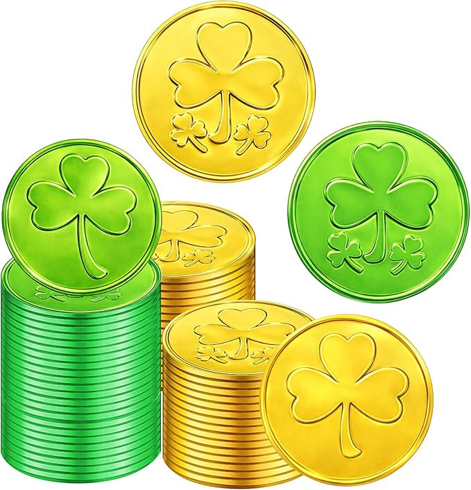 100 PCS St. Patrick's Day Coins - Lucky Gold Green Shamrock Clover Coins Party Favors for St. Pat... | Amazon (US)