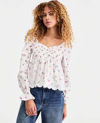 Juniors' Printed Cotton Long-Sleeve Babydoll Top | Macy's