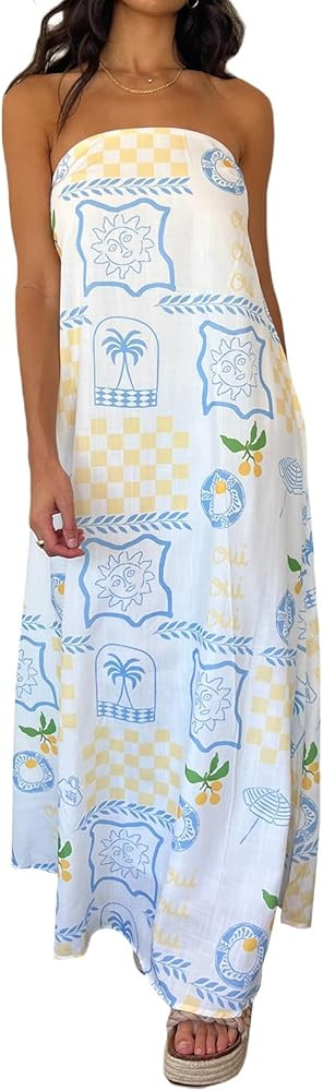 2024 Women Tube Dress Strapless Backless Fruit Print Swing Dress Loose Y2k Summer Long Dress | Amazon (US)