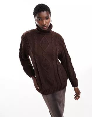 Monki heavy knitted roll neck sweater in dark brown | ASOS (Global)
