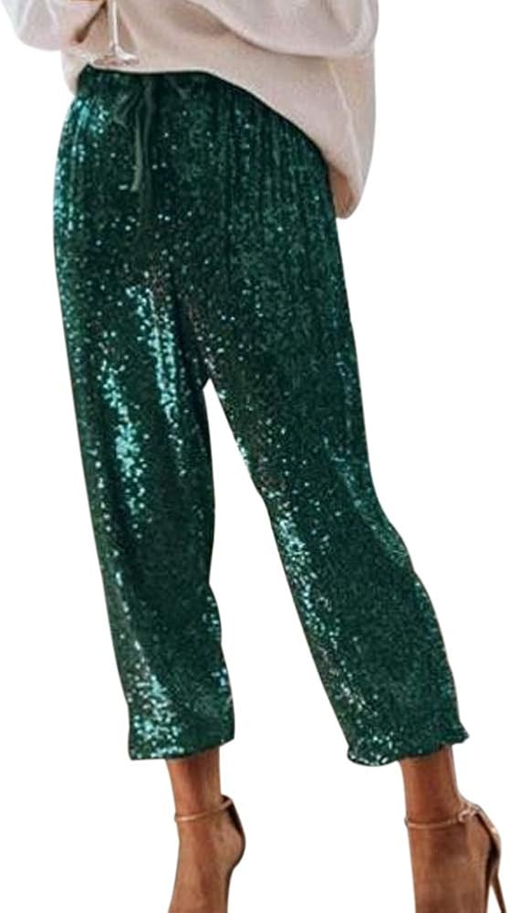 ALLUMK Womens Black Sequin Bling Legging Joggers Pencil Pants with Drawstring | Amazon (US)