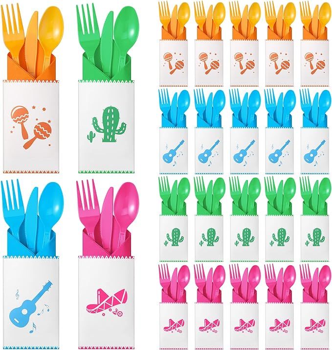 24 Pcs Fiesta Tableware Set for Cinco De Mayo Table Decorations Fiesta Cutlery Bags Fiesta Napkin... | Amazon (US)