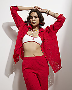 Red Long Sleeve Oversized Broderie Shirt | River Island UK & IE