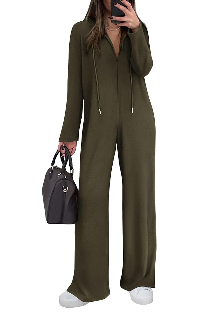 KIRUNDO Women's 2024 Fall Winter Long Sleeve Hooded Wide Leg Jumpsuits Zip Up Onesie Loose Pants ... | Amazon (CA)