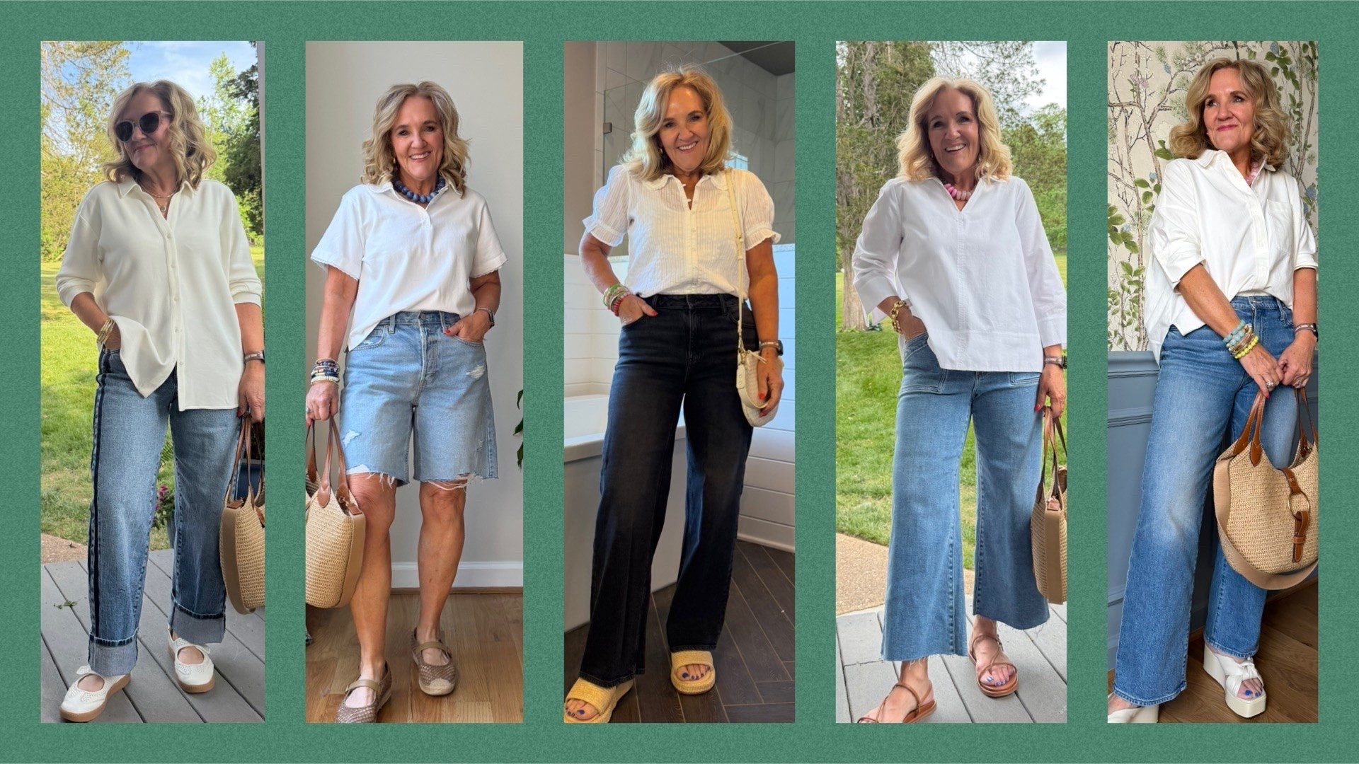 5 white tops and favorite denim silhouettes 
1-air esssntials button down size medium
Track stripe jeans I added the cuff size 6
2-JCREW polo shirt with collar details size medium Target denim shorts size 8
3-quince textured cotton blouse size medium Quince relaxed straight leg jeans in charcoal black 29
4-Belk swing style white blouse size medium Paige premium denim cropped jeans size 29 petite 
5-anthro Mabel oxford size small mother jeans sized up to a 30